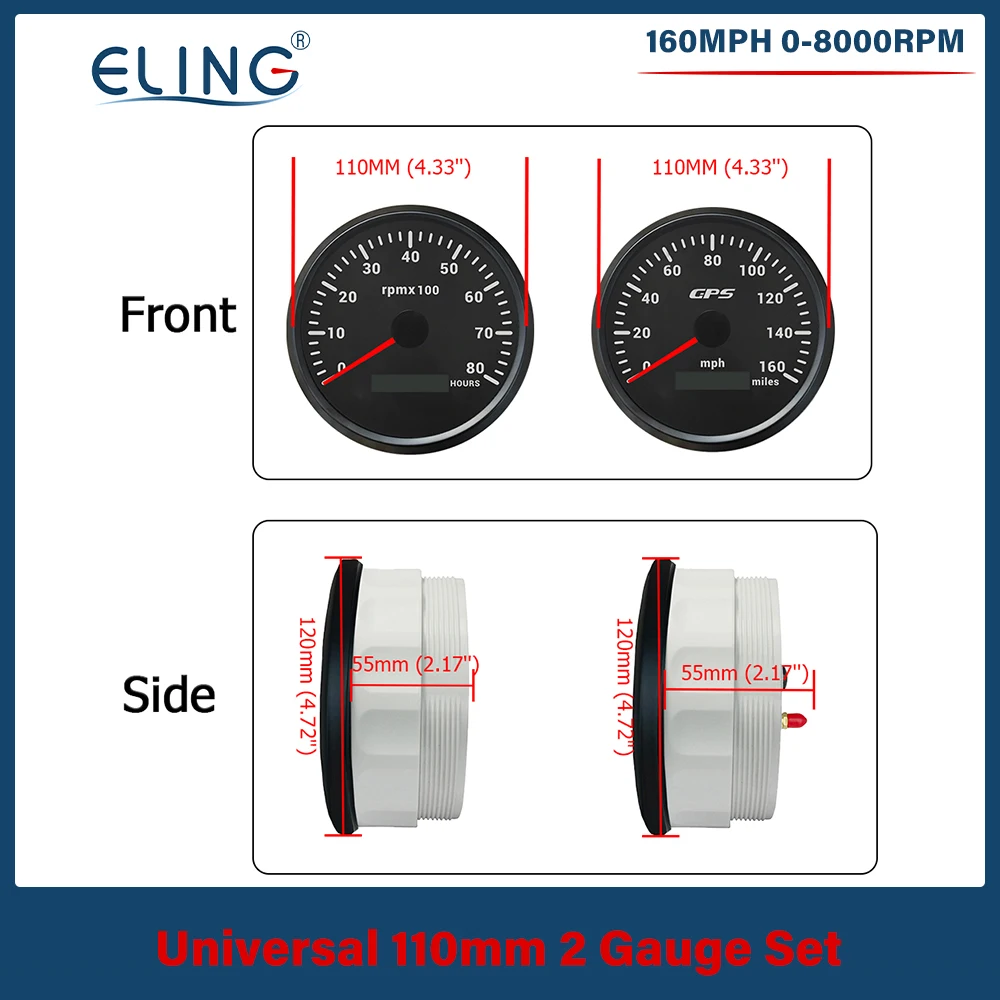 ELING 110mm 2 Gauge Set GPS Speedometer 60 120 200 km/h 80 120 160 MPH 4K 6K 7K 8K Tachometer with 7 Colors Backlight 12V 24V