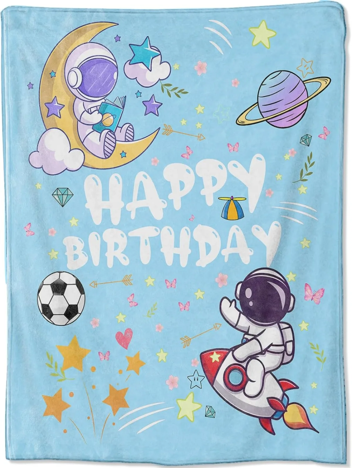 Space Astronaut Happy Birthday Throw Blanket, Cartoon Galaxy Stars Blankets for Bedroom Living Room Decor for Boys Girls Kids