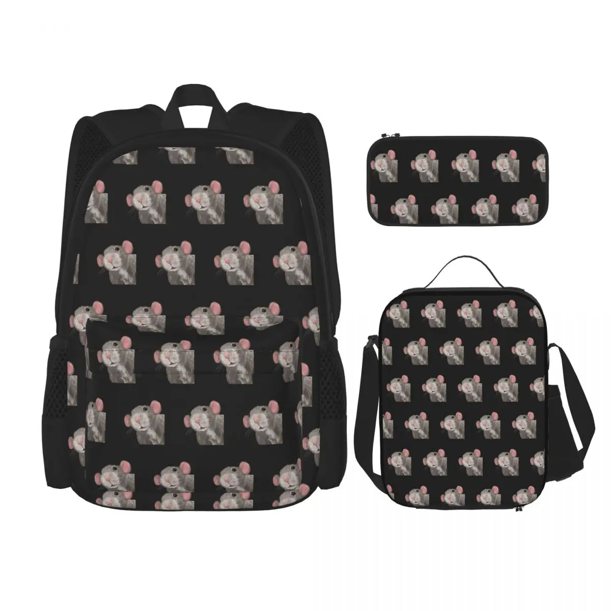 The Peeking Rat (Grey Black) Backpacks Children Bookbag School Bags Rucksack Lunch Bag Pen Bag Three-Piece Set