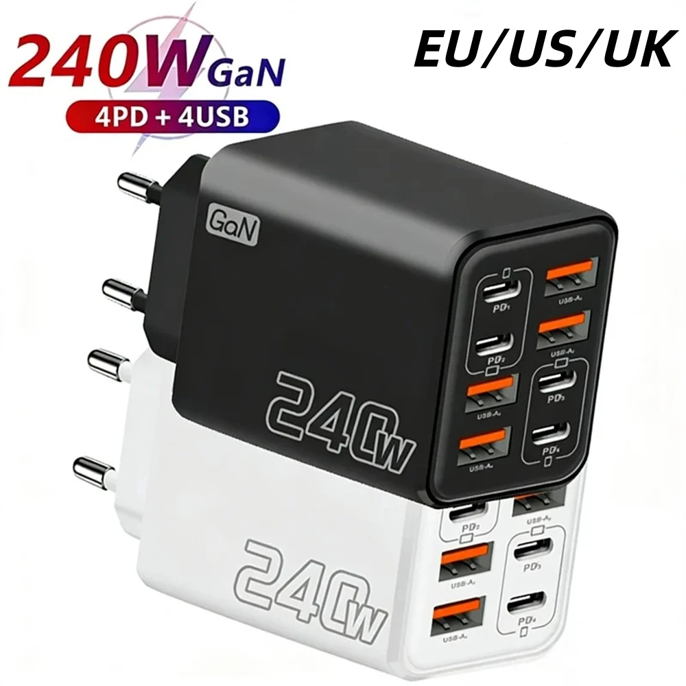 Carregador de Telefone USB de Mesa 8 em 1 GaN 240W PD Carregador Rápido 4PD+4USB Adaptador de Energia com Plugue EU/US para iPhone 16 15 Pro Samsung Xiaomi