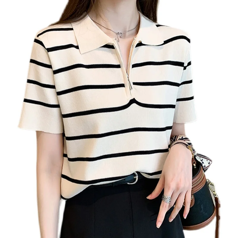 เสื้อยืดไหมน้ำแข็งถักลายทางแฟชั่นสำหรับผู้หญิงไซส์ใหญ่ สไตล์ลำลอง ใส่สบาย เหมาะกับฤดูร้อน