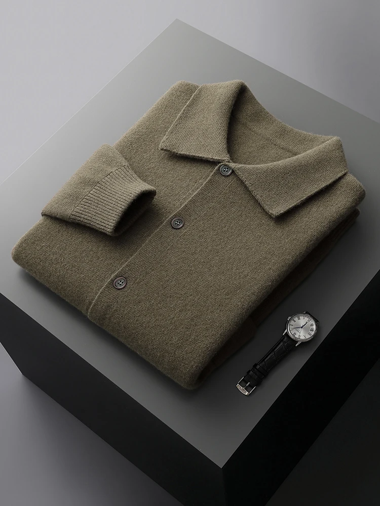 Men's Cardigan Sweater 100% Merino Wool Sweater Autumn Winter Polo Collar Smart Casual Jacket Knitted Buckle Pockets Korean Coat