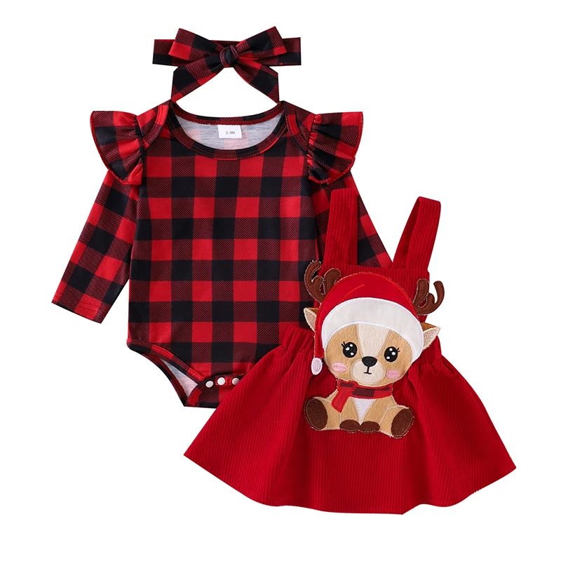 

Baby Girl Christmas Outfit Plaid Ruffle Long Sleeve Romper Reindeer Patch Suspender Skirt Tie Headband 3 Piece Set