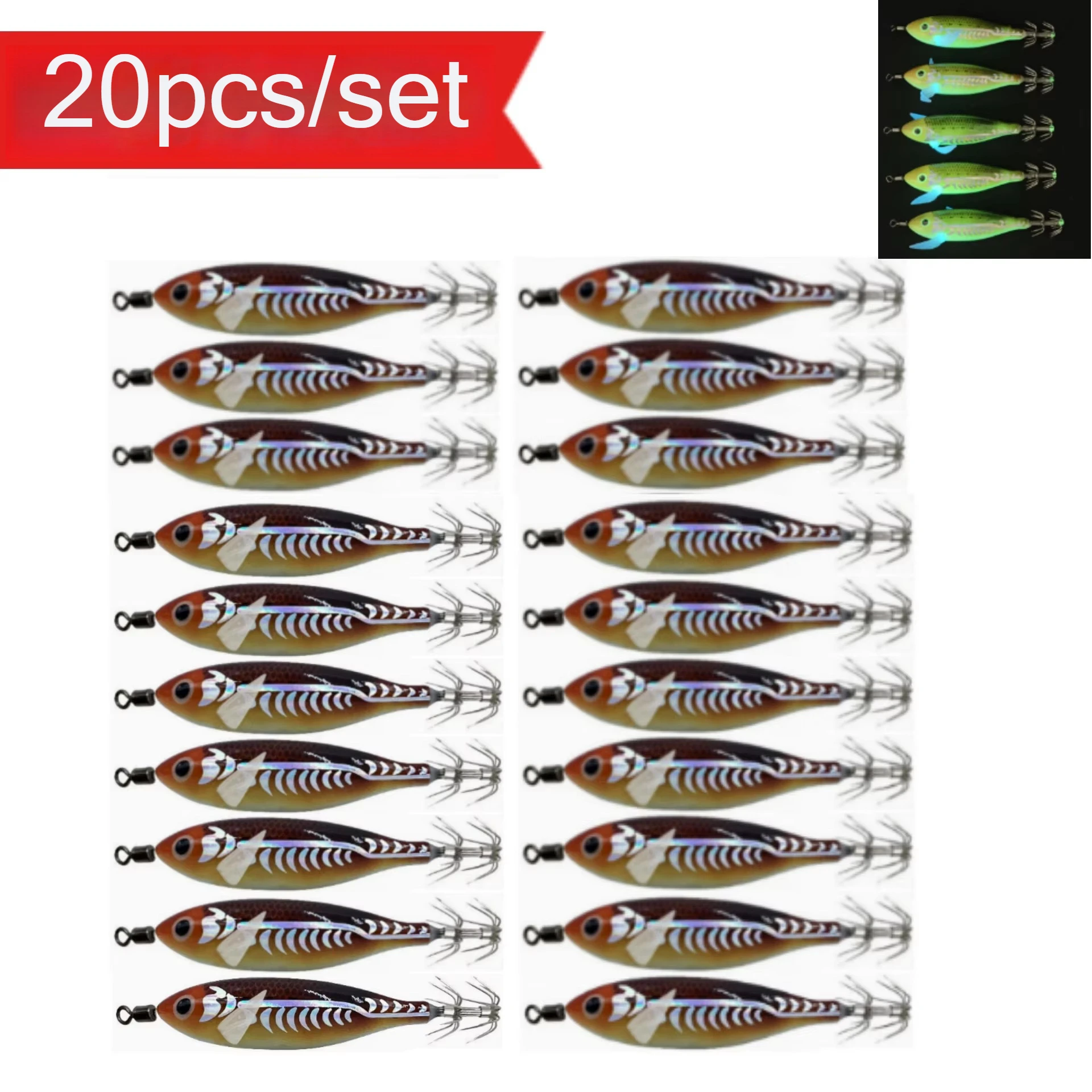 Leuchtender Tintenfisch-Jig 20 Stück/Set 8cm/5,7g Garnelen-Angelköder Haken Meeresfischerei-Zubehör Künstlicher Köder Oktopus-Köder