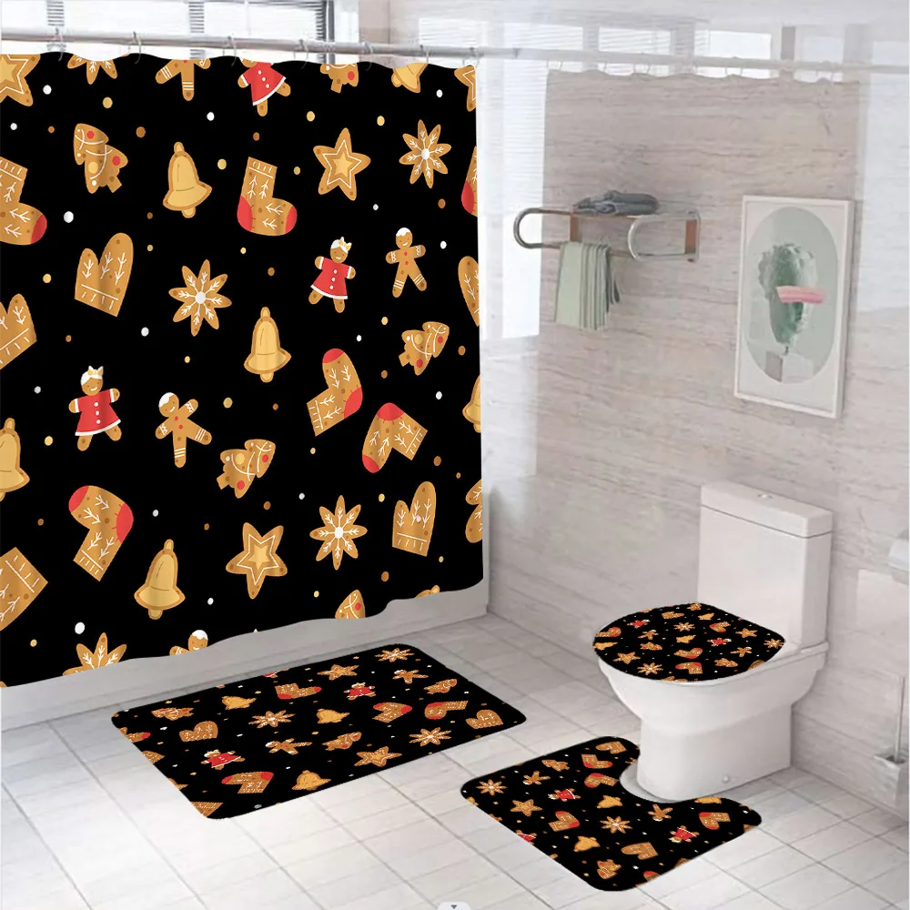 4Pcs Christmas Tree Shower Curtain Set Non-Slip Rug Toilet Lid Cover Bath Mat Xmas Decor Cartoon Penguin Bathtubs Curtains Home