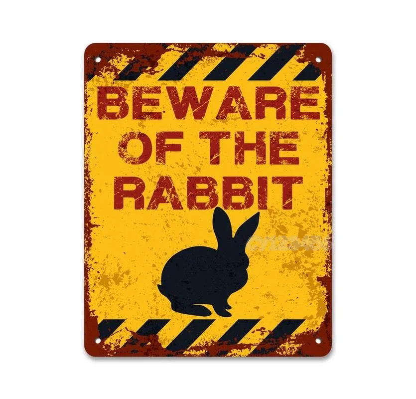 Funny Metal Bunny Tin Sign Beware of The Rabbit | Bunny Lover | Rabbit Sign Vintage Effect Plaque for Farmhouse Home 8x12inch