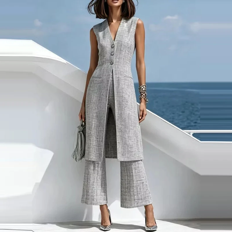 Summer Simple High Waisted Women's Outfit Casual Commuting Two Piece Sets Sexy V Neck Button Up Vest Top and Pants Party Suit