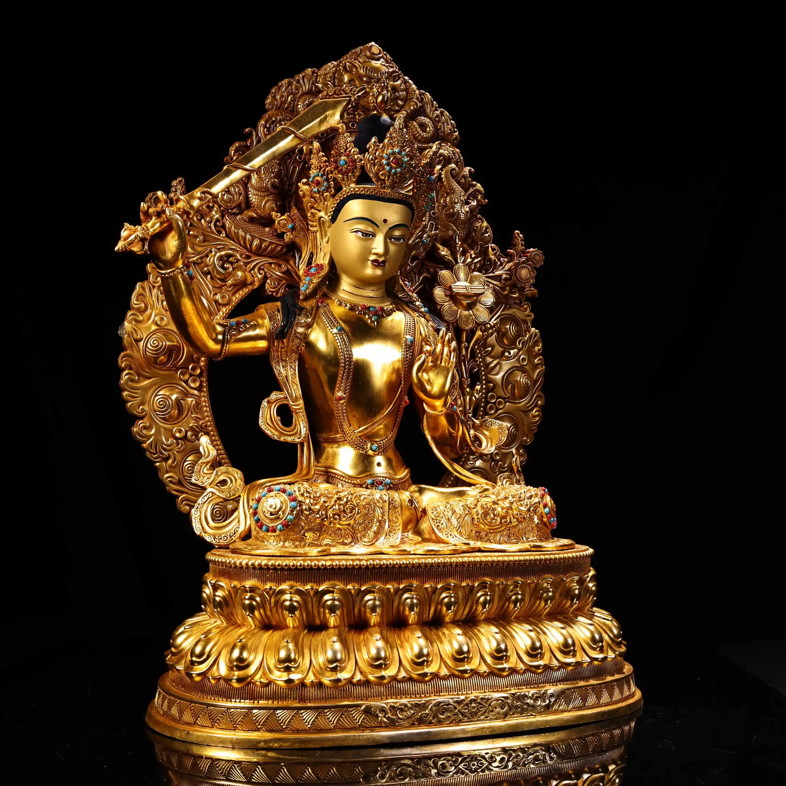 

Old Nepalese temples Old Bronze Gilded High Relief Mosaic Gem Phoenix backlight Manjusri Bodhisattva Sitting Buddha