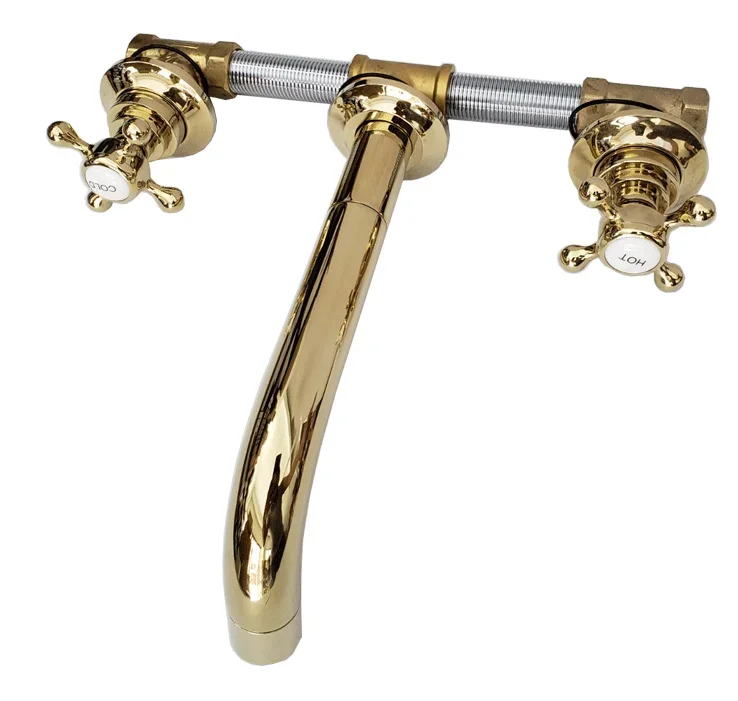 2 British style cross handwheel three hole wall mount gold basin faucets