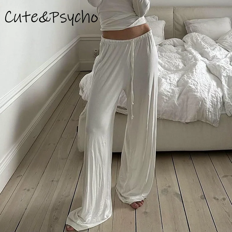 Cuteandpsycho Basic Loose Women\'s Leisure Pants Solid Casual All-match White Trousers Fashion 90s Y2K Streetwear Lace-up Bottoms