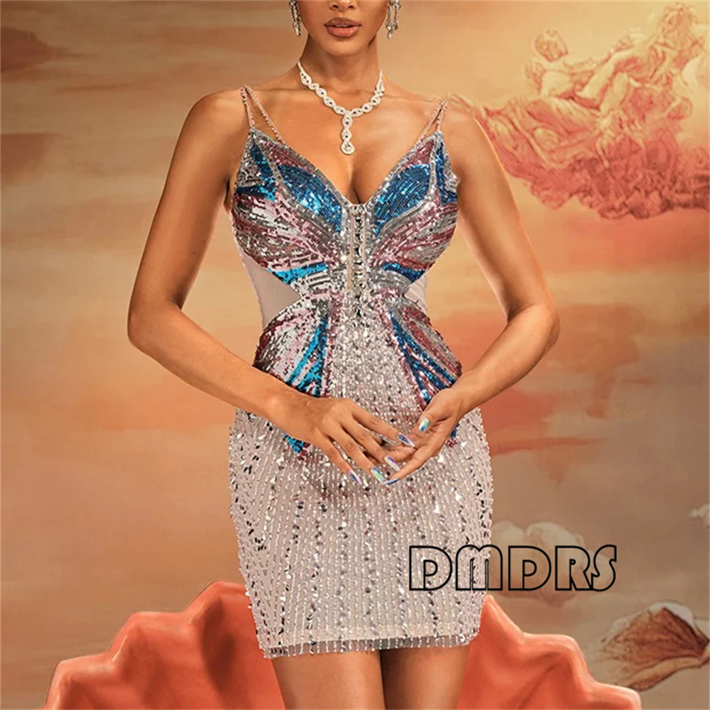 

DMDRS - Spaghetti Butterfly Sequin Mini Dress for Women, Above Knee Shiny Party Dresses, Real Images Photo Shoot Idea Party Gown