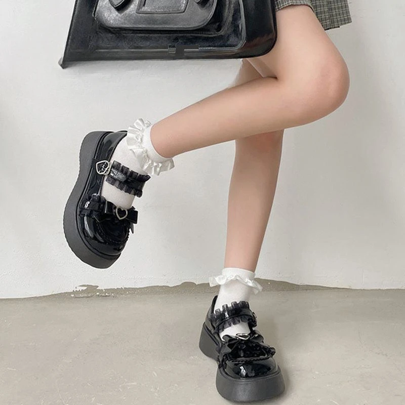 

SHANPA Sweet Style Lolita Shoes Thick Bottom Elegant Black White Shoes Women Big Toe Kawaii Comfortable Button Leather Shoes