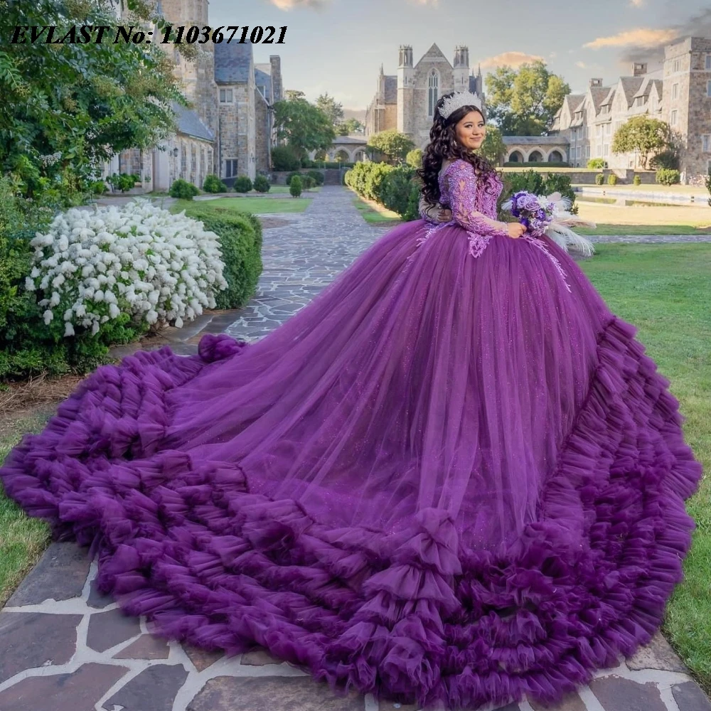 

EVLAST Glitter Purple Quinceanera Dress Ball Gown Applique Beaded Tiered Ruffles Sweet 16 Vestidos De 15 Anos Customized SQ794