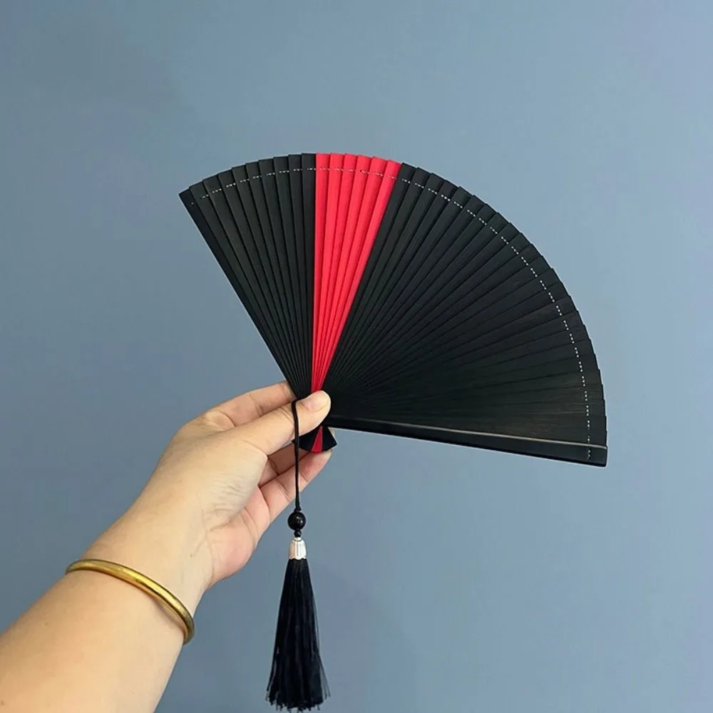 Chinese Style Folding Bamboo Fan Portable Exquisite Elegant Handheld Fans Retro Solid Color Tassel Folding Fan Party Gift