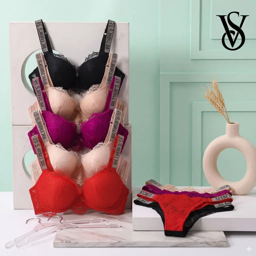 VS Sehr sexy Push-up-BH mit Wimpernspitzen-Spitzenbesatz und glänzender String-Slip, Hochzeitsgeschenk, Dessous
