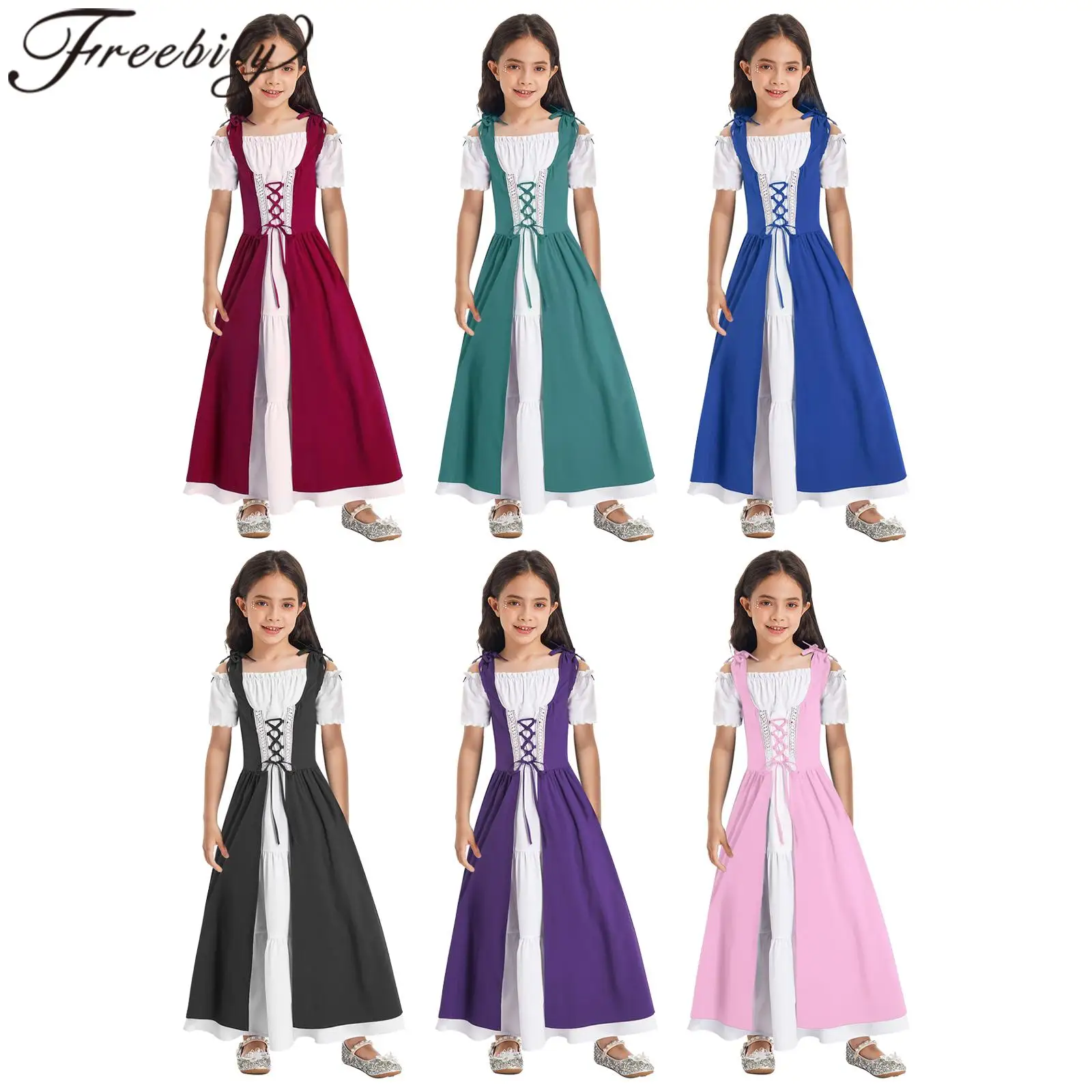 

Girls Victorian Dress Medieval Renaissance Gown Historical Cosplay Costumes Short Sleeve Robe Maxi Dress Halloween Performance