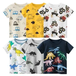 Camiseta de manga corta con estampado completo de dinosaurio para niños, camisetas de algodón con dibujos animados de coche, 2024