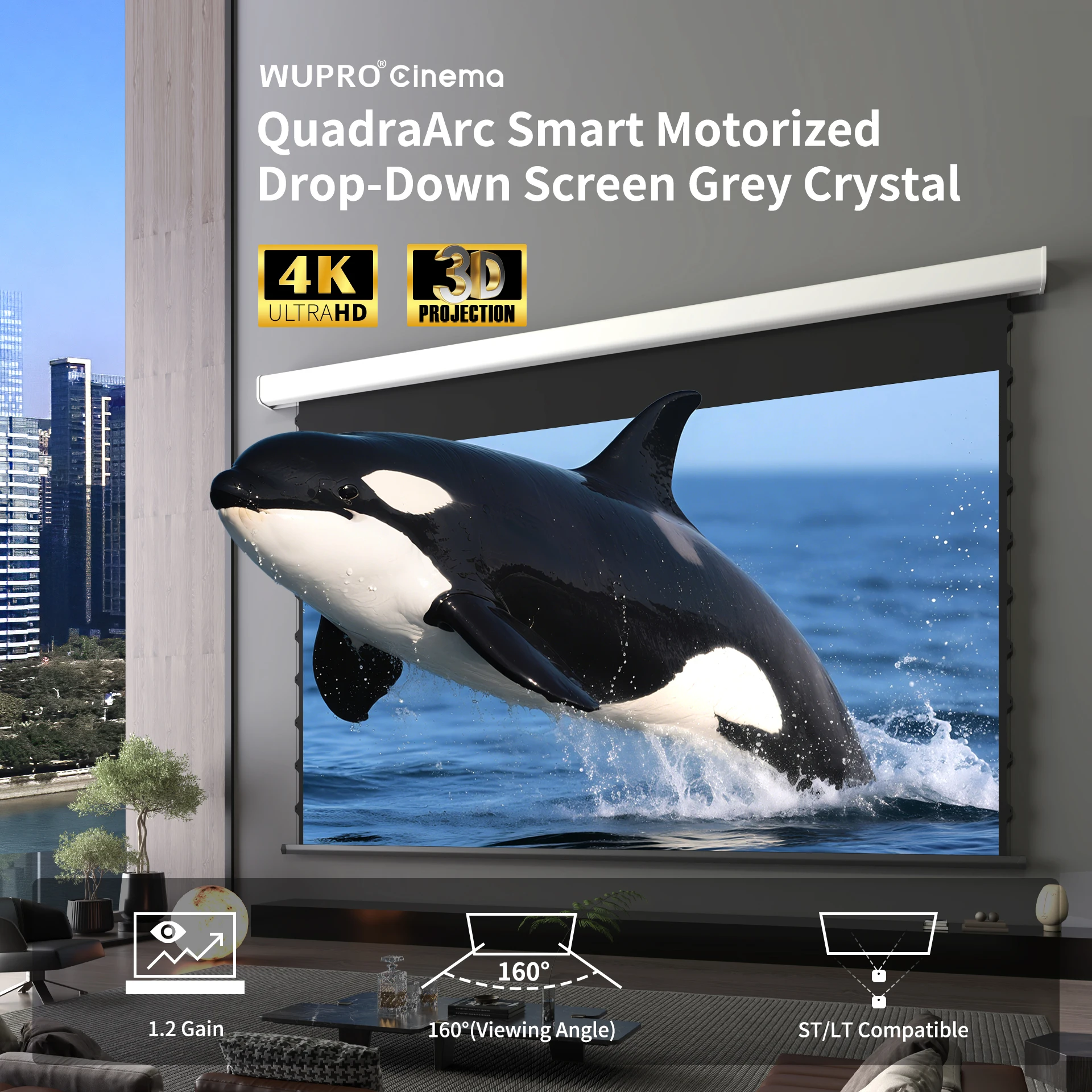 [Controle inteligente] 72-133 polegadas Wupro Automático 16:9 4K 3D ALR Tela de projetor elétrica motorizada resistente à luz ambiente