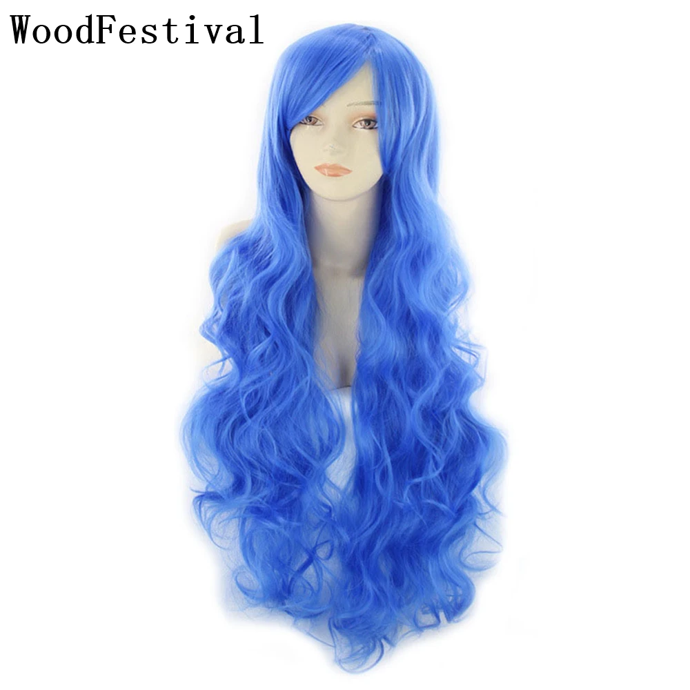 

WoodFestival Female Cosplay Long Wavy Wig With Bangs Synthetic Hair Wigs For Women Blonde Pink Red Purple Blue Orange Green Grey