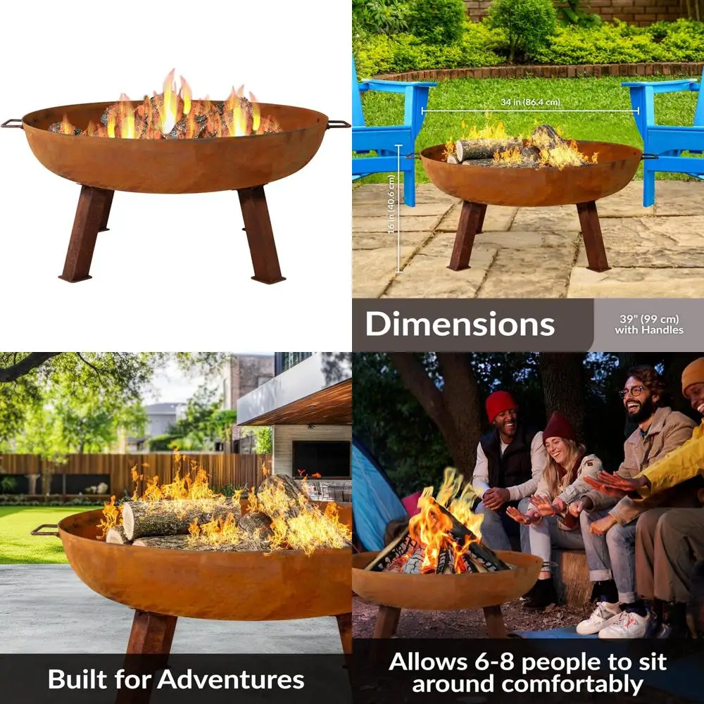 

Heavy-Duty 34-Inch Wood-Burning Outdoor Fire Pit Bowl with Handles - Oxidized Finish, Perfect for Backyard Gatherings