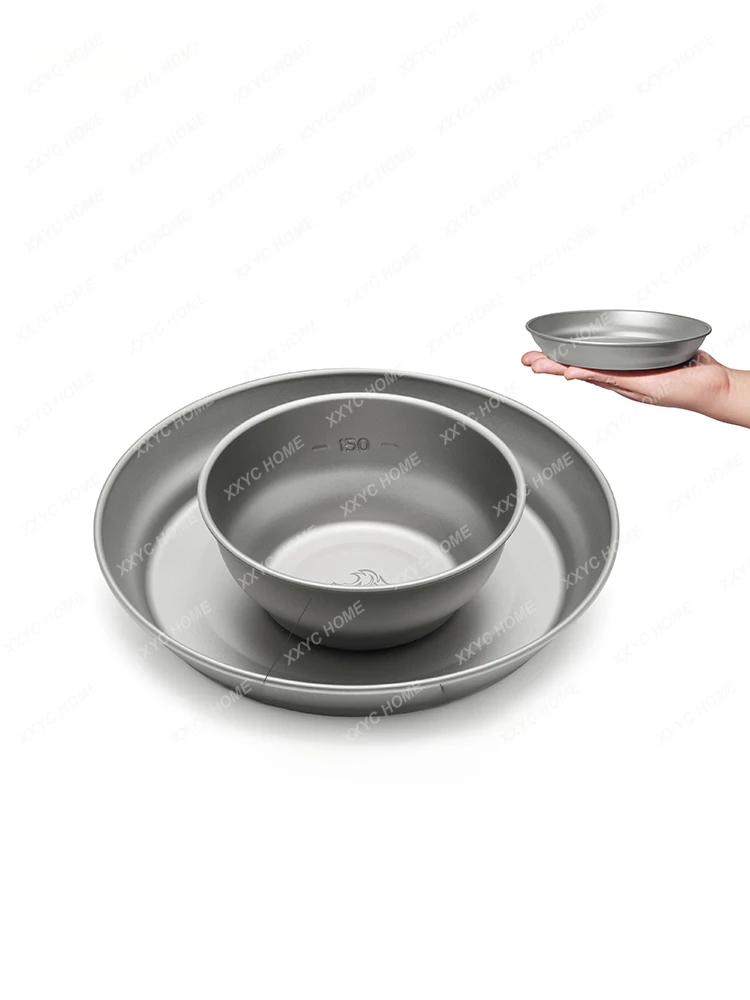 Outdoor Camping Titanium Bowl Dish Plate Picnic Pure Titanium Tableware Set Lightweight Portable Foldable Camping Equipment