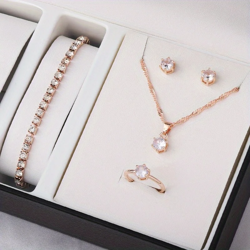 4-Piece Minimalist Zircon Jewelry Set - Necklace, Earrings, Ring & Bracelet Stackable Set for Women