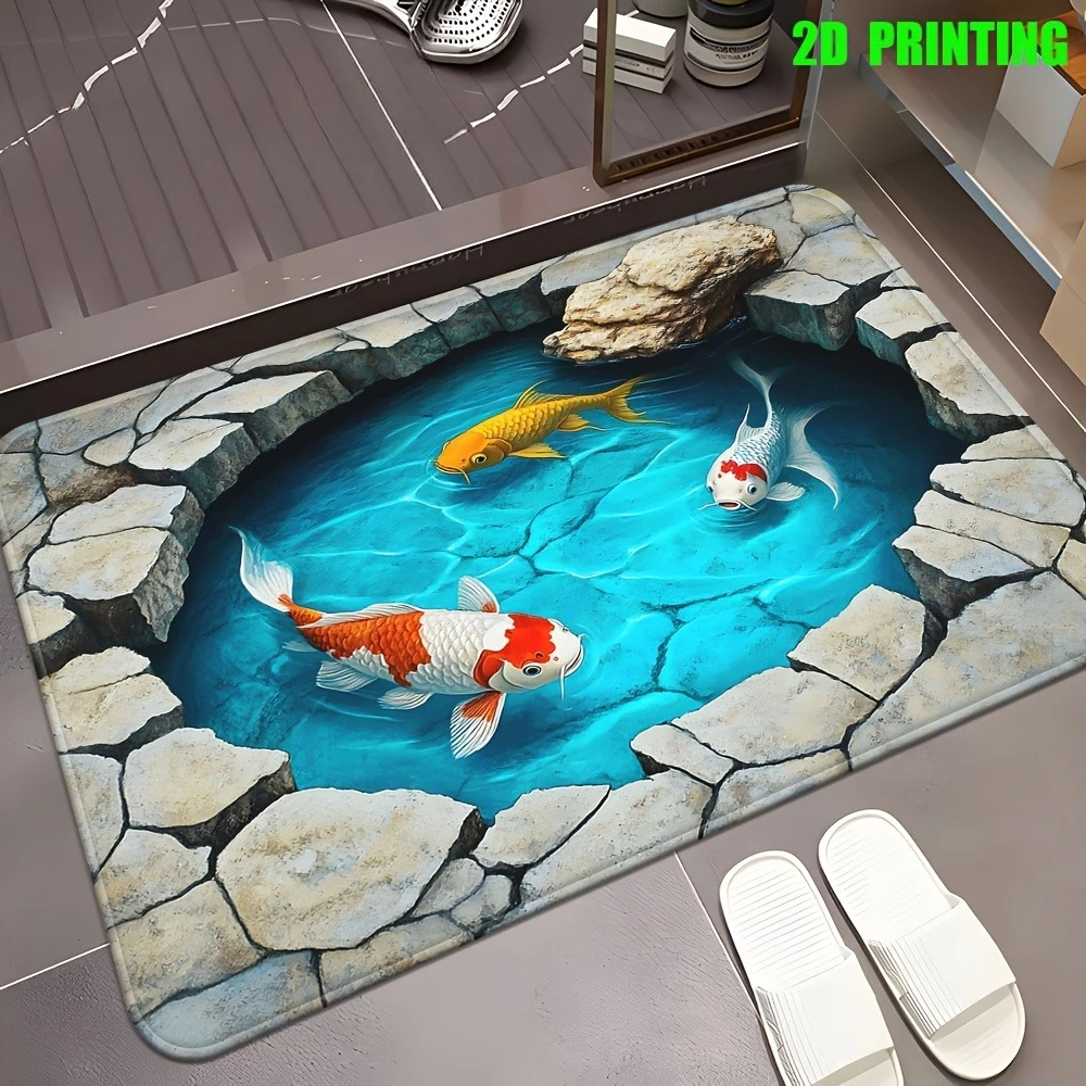1pc 2D Mat with Koi Fish Design Flannel and Polyester, Machine Washable, Suitable for Bathroom