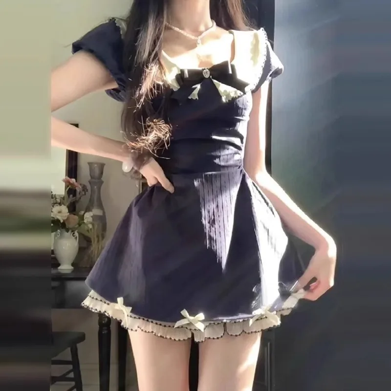 

Japanese Style Gothic Y2k Lolita Bow Dress Summer Women Vintage Sweet Short Sleeve Party Dresses Slim Mini Dress Y2k Ropa Mujer