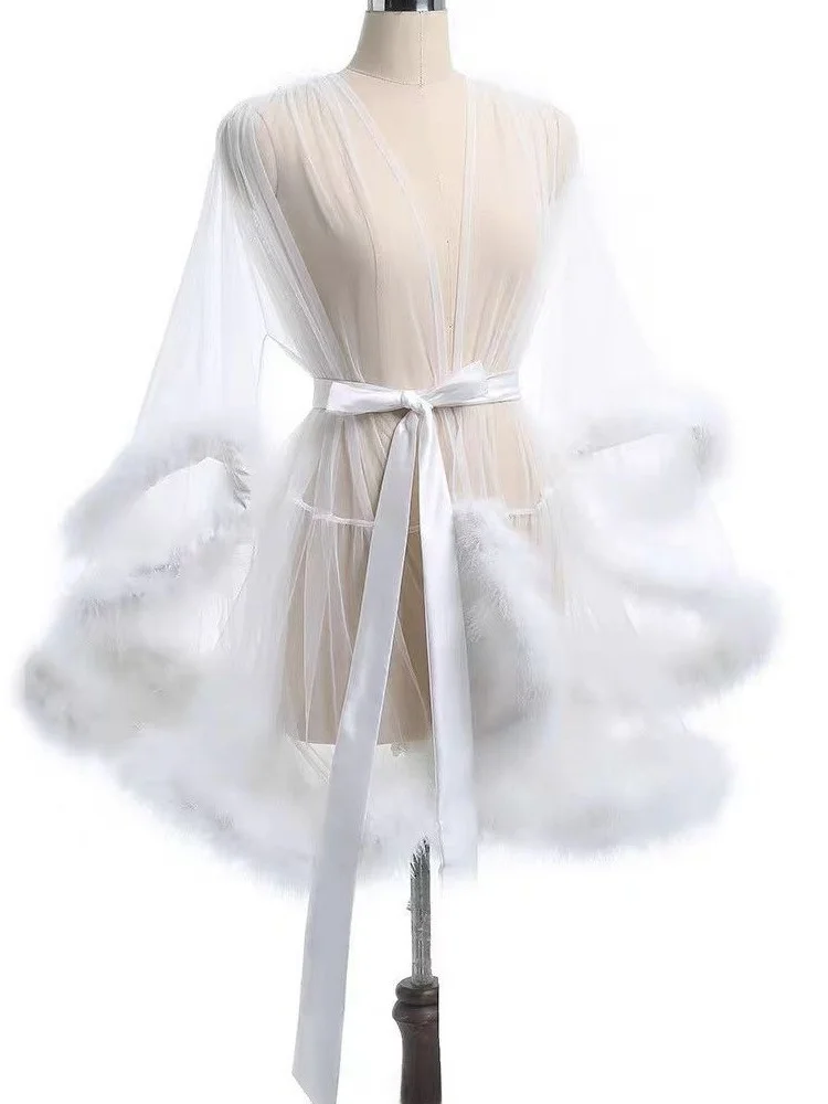 Sexy Transparent Mesh Outer Robe Bathrobe Nightgown See through Home Clothes Fur Splicing Sleeve mid Length Coat for Women view 3