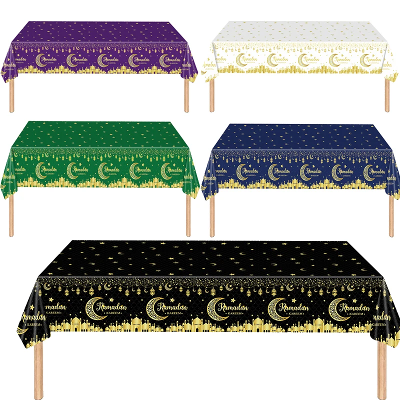 Ramadan Mubarak Tablecloth Islamic Table Cover for EID Party Decorations Plastic Disposable Moon Star Table Cloth Eid Al-fitr