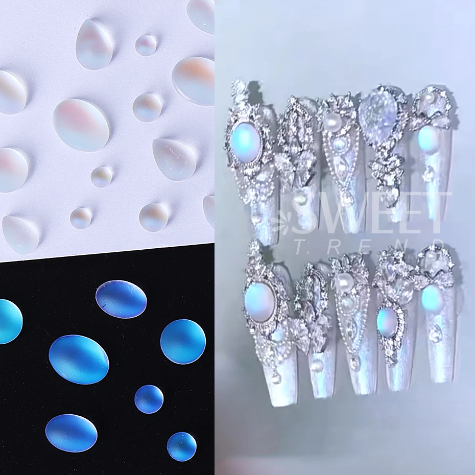 50 pçs misturado azul lágrimas olho de gato encantos do prego azul fosco fundo transparente gota de água vidro diamante prego strass manicure decoração