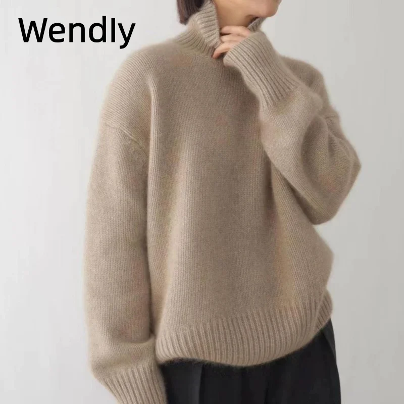 

Женские вязаные пуловеры с высоким воротом, весна-осень 2026, свободный крой, модные однотонные свитера с длинными рукавами и воротником-стойкой