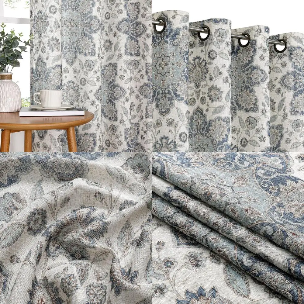 

Винтажные льняные шторы с цветочным принтом и люверсами, 54x95 дюймов, темно-синие, 2 штуки, для рассеивания света