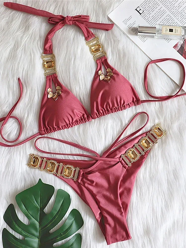 Halter Jewelled Diamond Bikini Vrouwen Badpak Vrouwelijke Driehoek Badmode Tweedelige Bikini Set Braziliaanse Bader Badpak Zwemmen