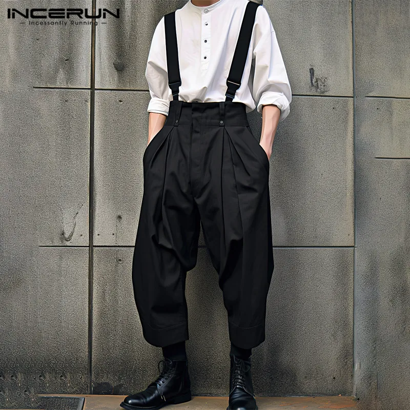 

INCERUN 2023 Korean Style New Men's Overalls Solid Color Casual Jumpsuits Fashionable Streetwear All-match Simple Rompers S-5XL