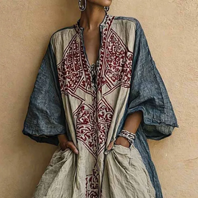 Greenora Bohemian Ethnic Pattern Women's Jumpsuit Batwing Sleeve Wide Leg Loose Long Pantsuit 2026 Vintage V Neck Pockets Vacati