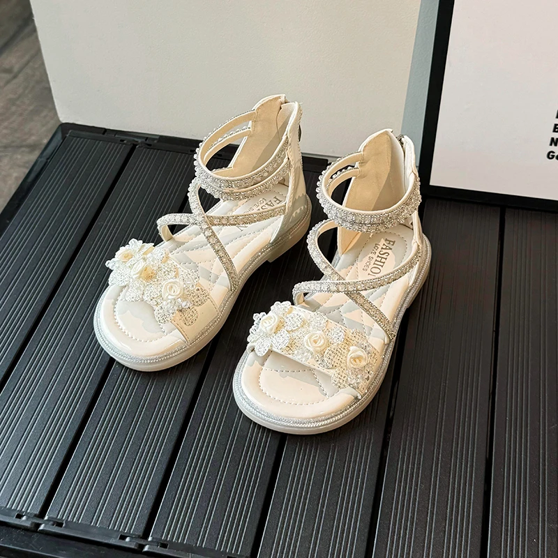 Little Girls Floral Strap Leather Sandals 2026 New Summer Kids Sparkly Sequins Beach Sandals Non-slip Princess Party Wedding