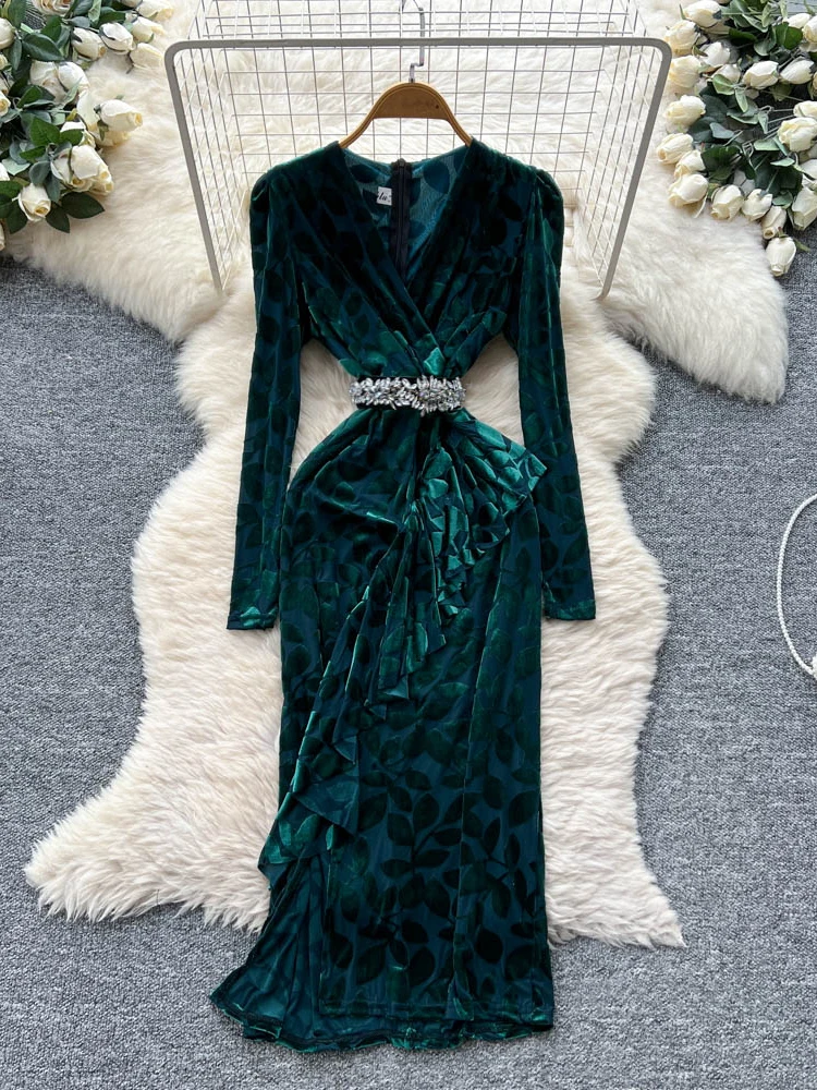 فستان أنيق من المخمل بأكمام طويلة وياقة على شكل V مع طباعة، فستان نسائي خريفي نحيف بخصر مرتفع وشق، فستان بأسلوب كوري للعمل