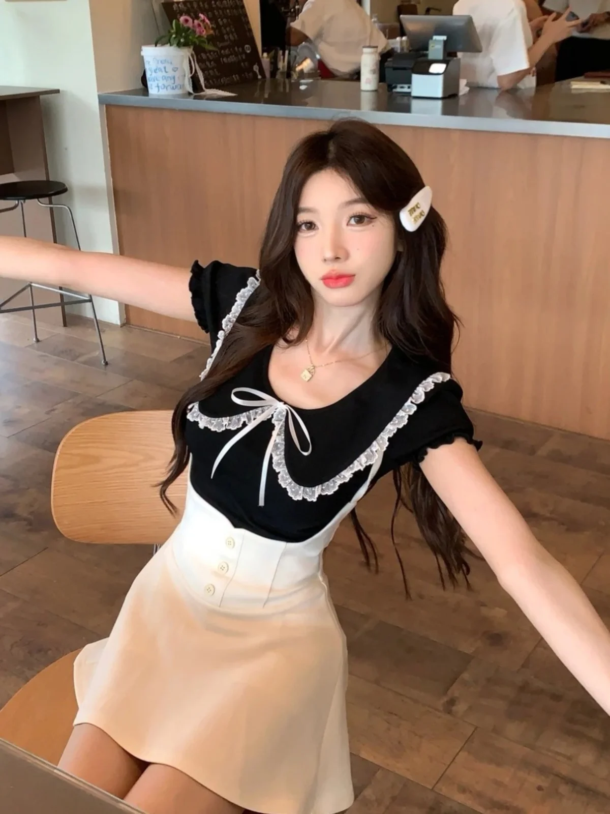 

plus Size Women's Fashion Summer Short Sleeve T-Shirt And Short Skirt Set Cute Collar Slimming Effect Cotton French Style