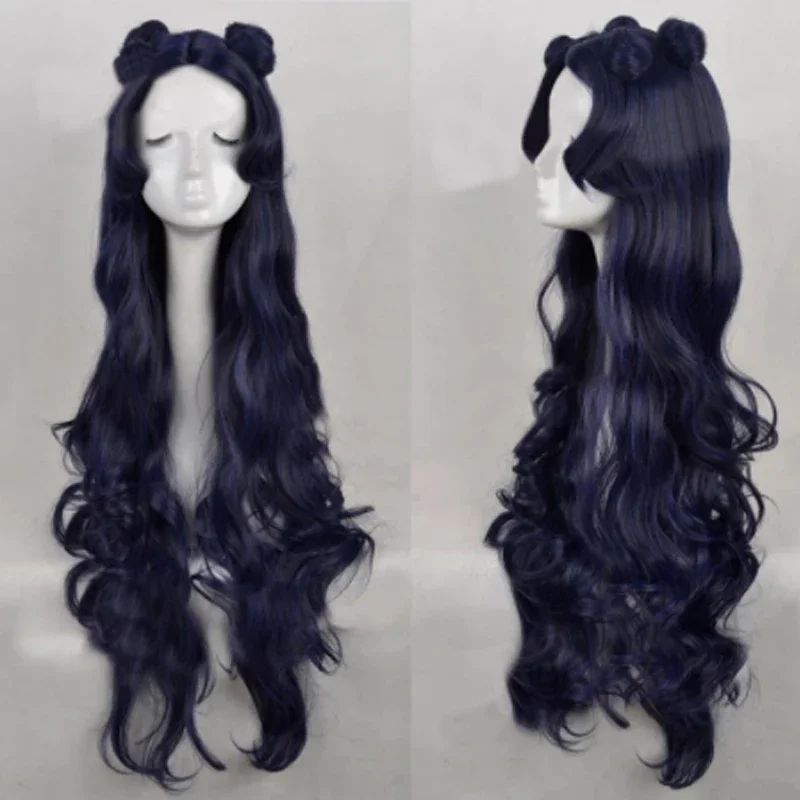 Luna Charm 80cm Long Blue Black Mixed Curly Cosplay Wig With Buns For Women’s Christmas Halloween Cosplay Costume Party Wig