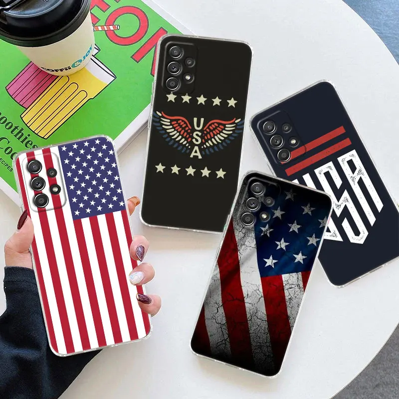 

American USA Flag Star Clear Phone Case For Samsung Galaxy A56 A57 A37 A55 A54 A36 A35 A26 A25 A16 A17 A07 A52 A34 A73 A53 Cover