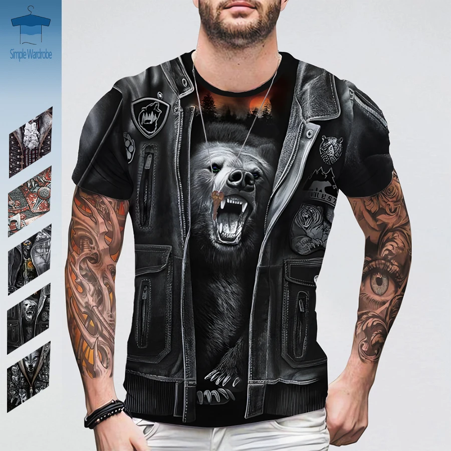 Biker Jacket 3D Print Leather Clothing Vintage Wolf Bear Graphic Summer Oversized T Shirts For Men Short Sleeve Round Neck