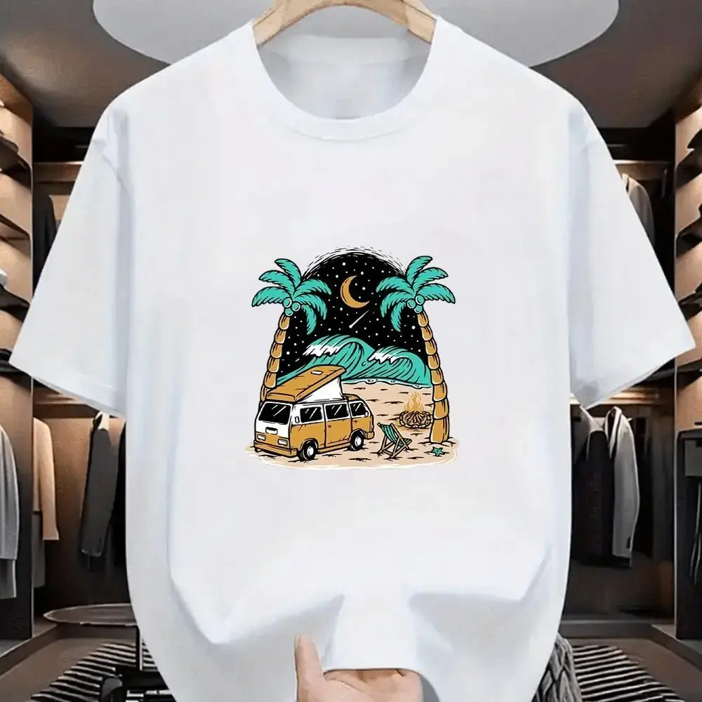 y2k top Summer Man Short Sleeve Peace Bus Red Beach Scene Men T Shirt Vintage Beach Bus Surf Sport Cloth Surfing Board