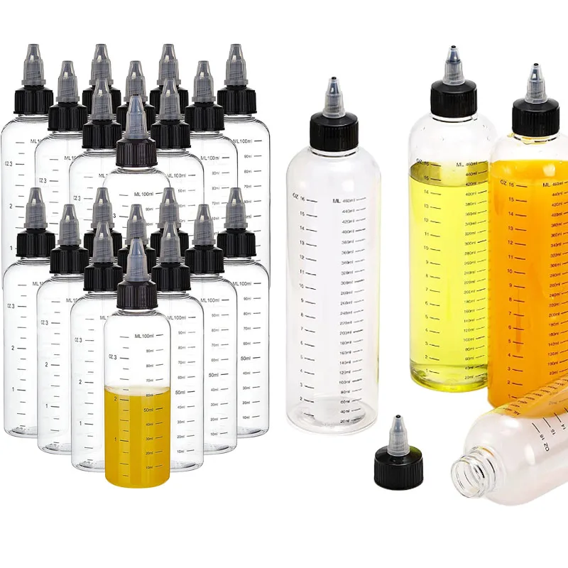 

50Pcs 30ml-500ml PET Empty Plastic Graduate Glue Dropper Bottles With Twist Tops Black Lids Squeeze Liquid ink Oil Container