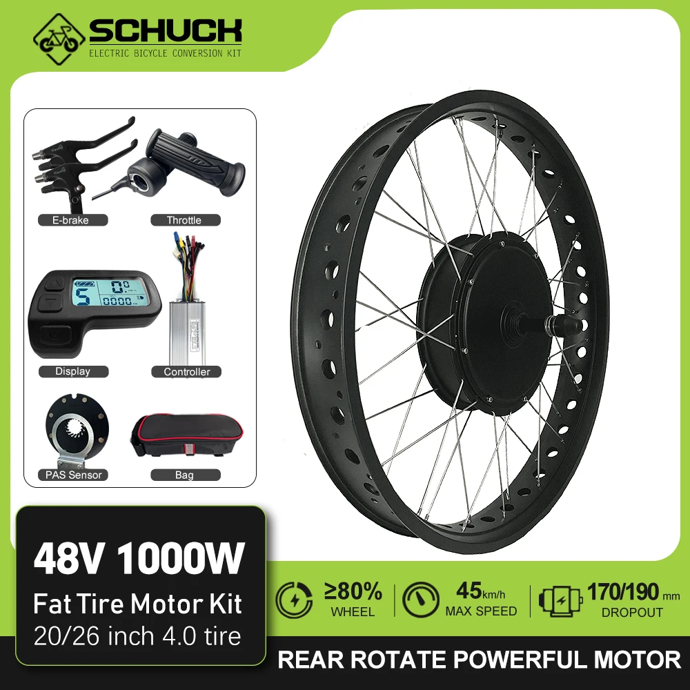 Snow Electric Bike Conversion Kit 20/24/26 inch 48V 1000W Brushless Gearless Rear Rotate Hub Motor Wheel with 4.0 Fat Tire Kit