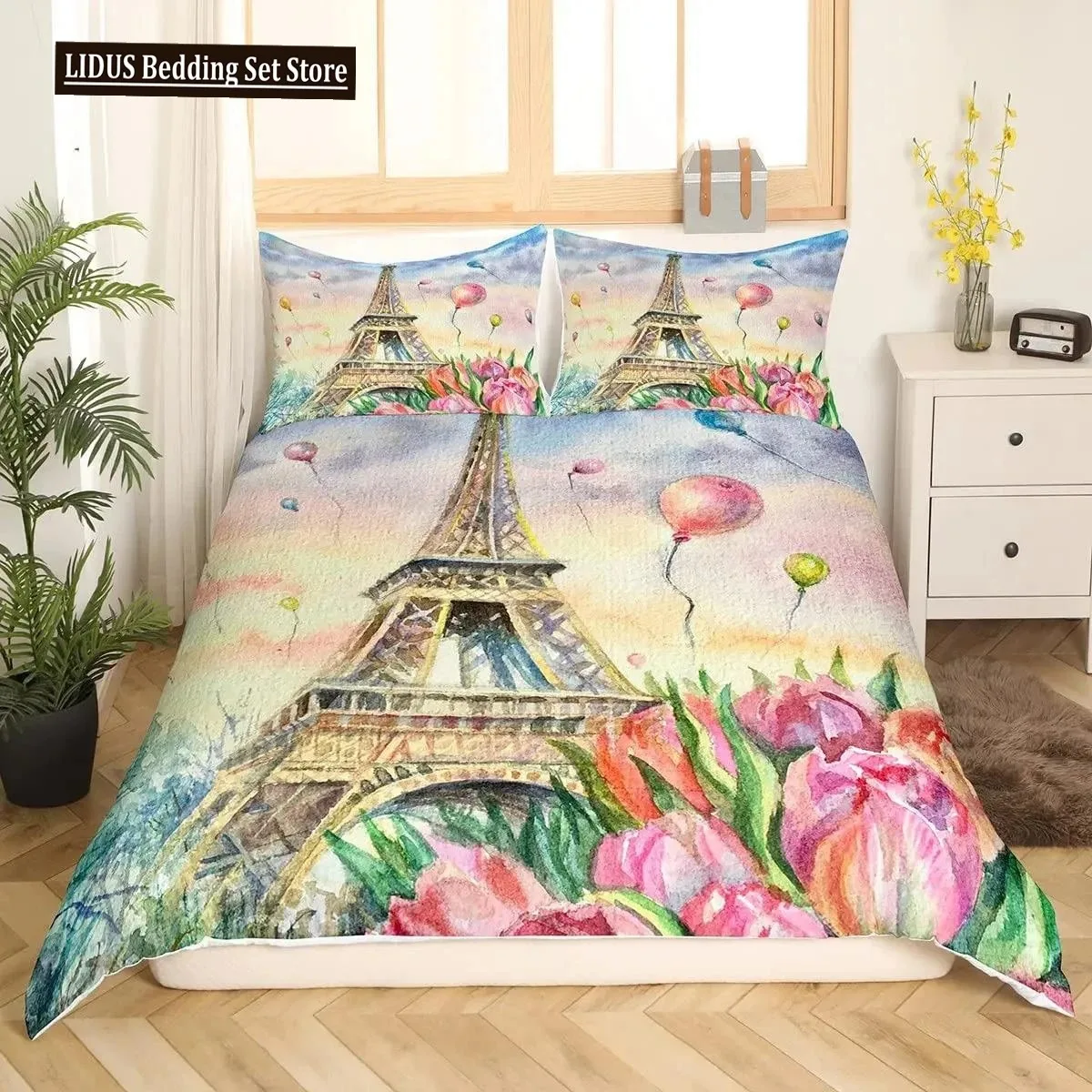 

Valentine Day King Queen Duvet Cover Paris Eiffel Tower Bedding Set Pink Watercolor Tulips Flowers Balloon Polyester Quilt Cover