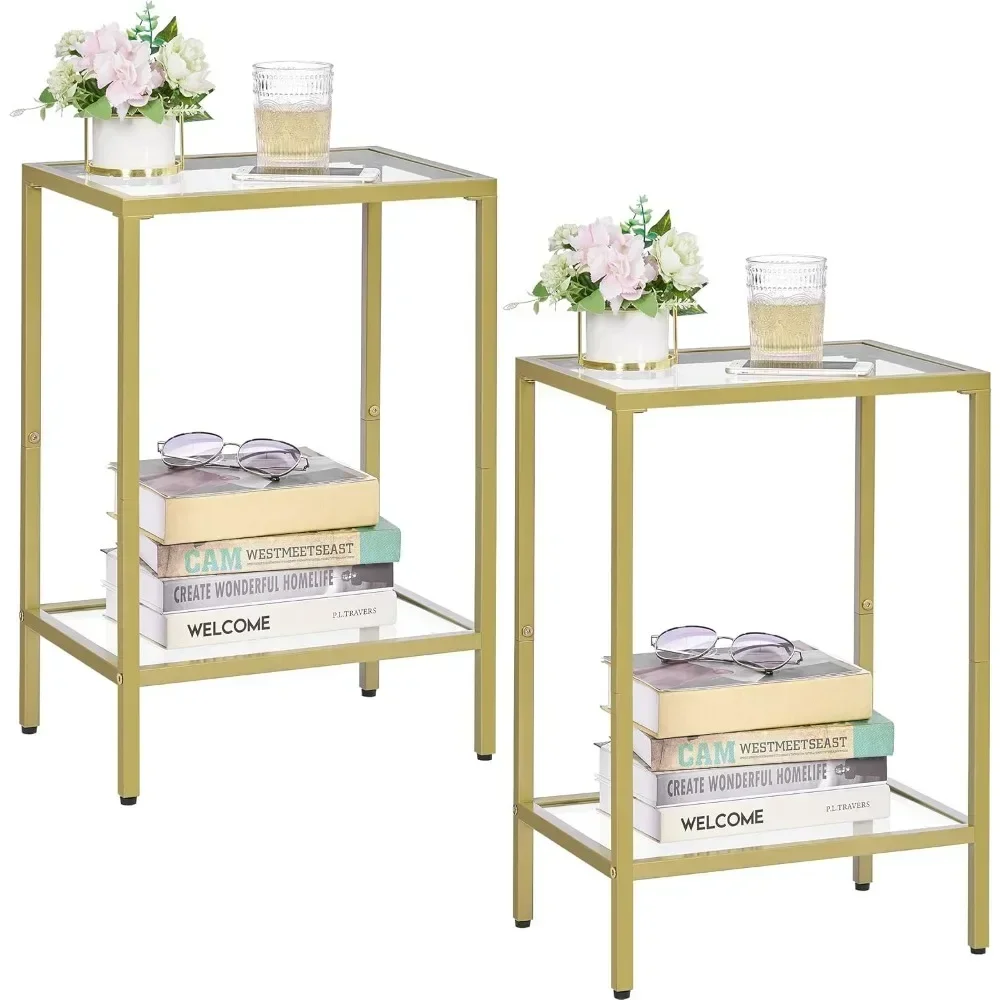 

End Tables with Tempered Glass, 2-Tier Nightstands with Storage Shelves, Slim Sofa Table for Living Room