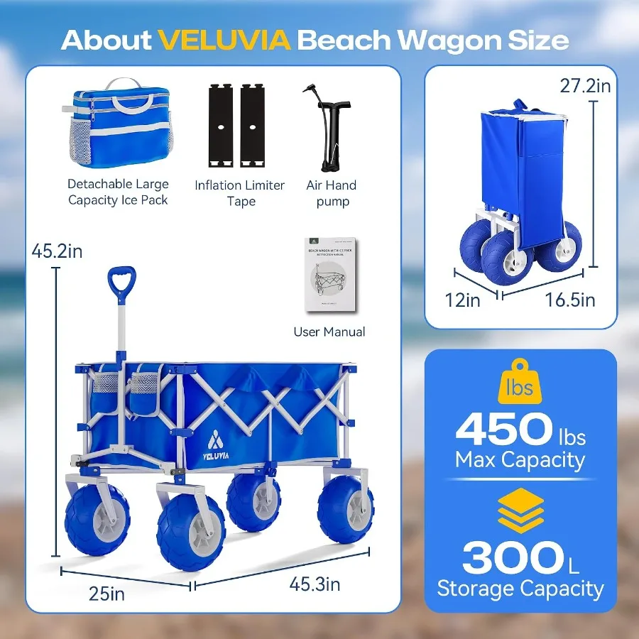 Beach Wagon with Big Balloon Wheels for Sand, 450LB Heavy Duty
