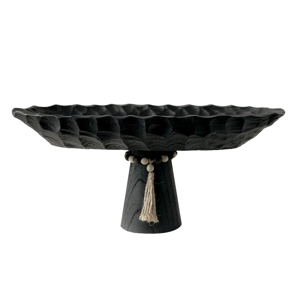Antique Carved Wood High Footed Tray Fruit Plate Wabi Sabi Style Living Room Dining Table Decorative Ornaments Mandarin Orange