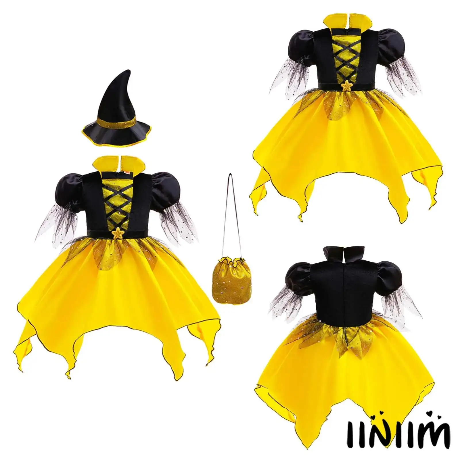 

Kids Girl Witch Cosplay Outfit Puff Sleeves Dress with Witch Hat And Bag 3PC Halloween Roleplay Costume Set for Masquerade Party